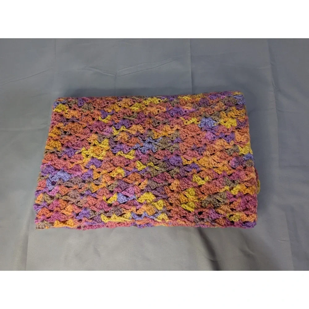 Large Hand Crocheted Throw Blanket Afghan Multicolor Pink Purple Orange 47x34